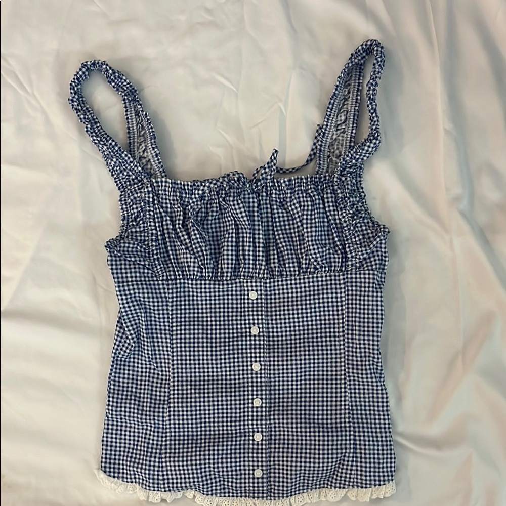 Frankie's Bikinis X Pink Blue gingham Smocked corset Tank Top